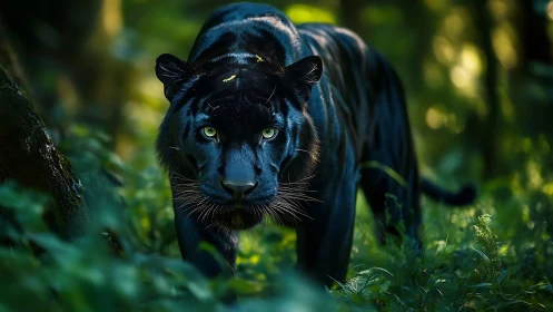 Midnight tiger strolling softly through emerald jungle light.