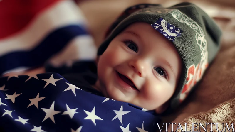 Smiling Infant in Patriotic Headwear Against Stars-Striped Fabric.