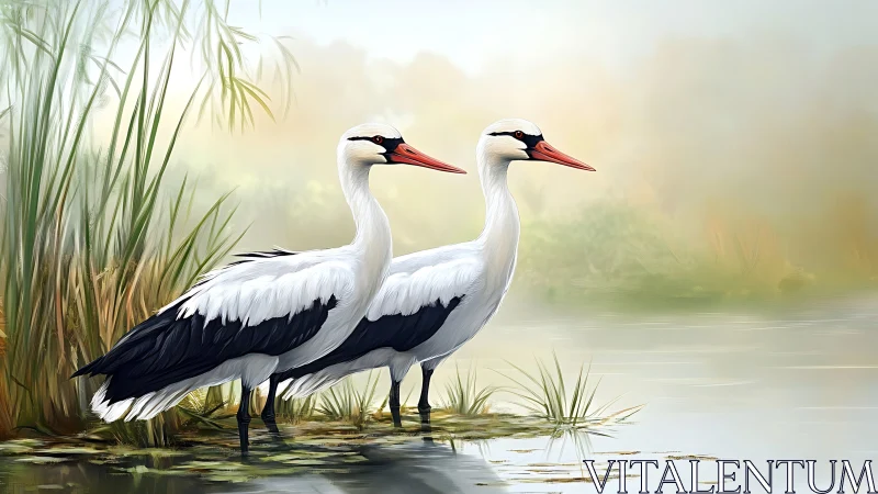Two Elegant White Storks by Marsh in Soft Digital Painting Style.