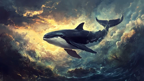 Humpback whale rendered in turbulent seascape environment.