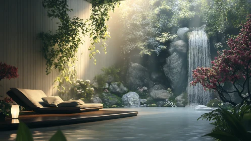 Zen spa retreat terrace faces sunlit waterfall sanctuary.