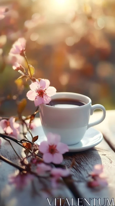 White coffee cup with pink blossoms on wooden table outdoors.