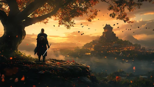 Armored warrior surveys illuminated hilltop citadel at sunset