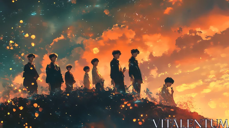 Silhouetted figures aligned on ridge against vivid dusk sky.