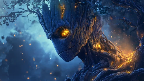 Tree-formed humanoid figure emits internal glowing embers