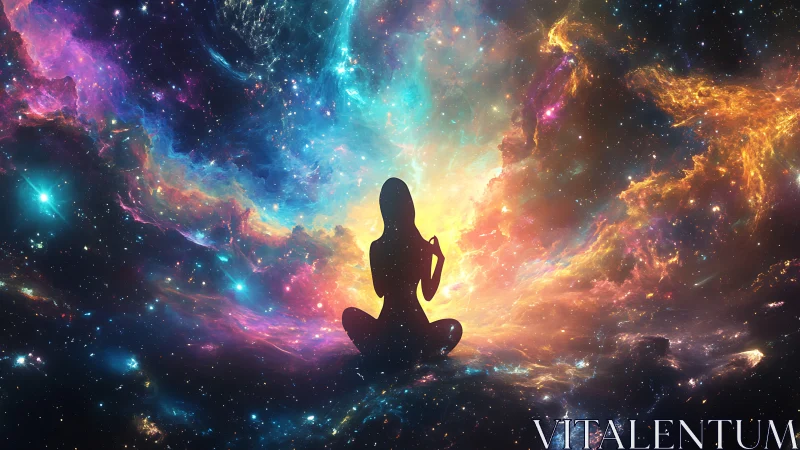 Silhouette sits against multicolored nebula and star field