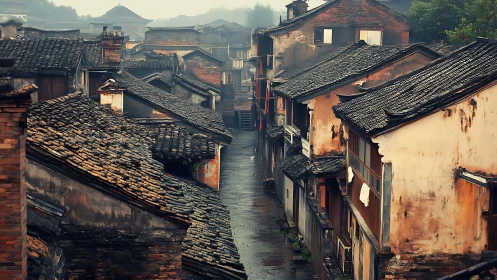 Quiet misty alleyway welcomes a walk through old rooftops