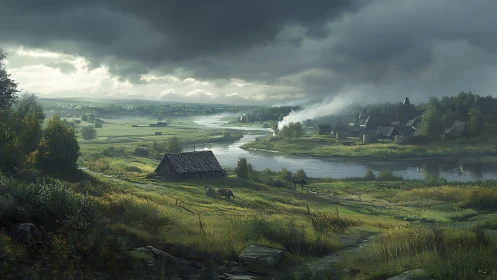 Storm-lit rural river valley renders atmospheric pastoral depth