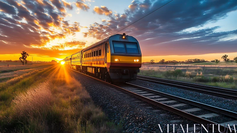 Passenger train advances on rural railway at low sunset light