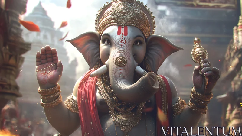 Elephant-headed deity statue rendered in ornate temple scene