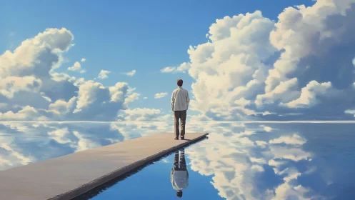 Digital painting of solitary figure on reflective sky pier.