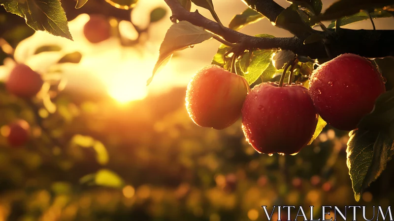 Ripe apples on tree branch in low sunlight at orchard edge.