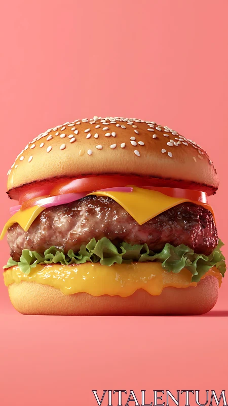 Hyperreal sesame cheeseburger render on coral background