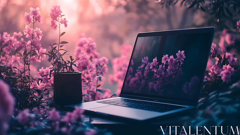 Laptop rests amid glowing pink flowers at dreamy sunset light