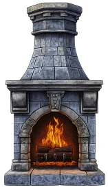 Stone fireplace with active flames and tall ornamental chimney stack