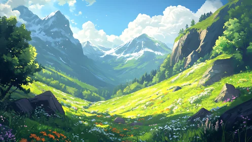 Sunlit alpine valley with stylized flora, rocks, and snow peaks