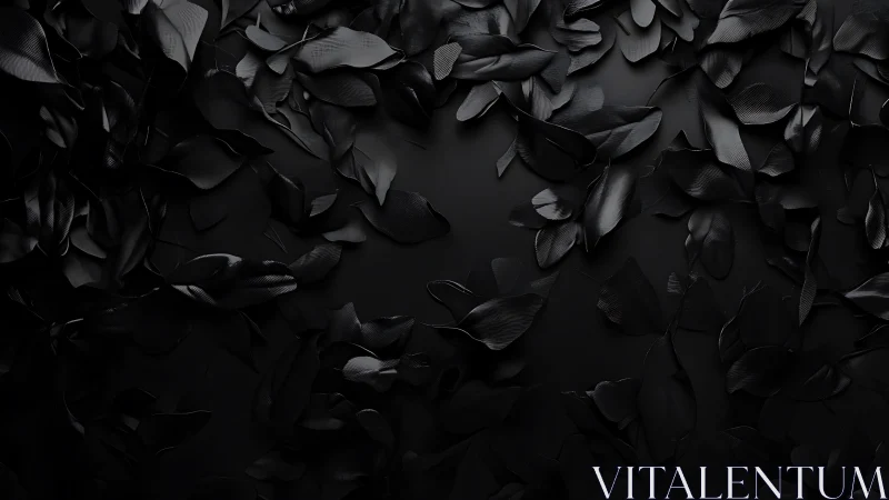 Monochrome black leaves scattered across dark surface.