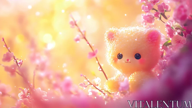 Fluffy pastel bear toy among glowing pink blossoms.