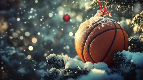 Basketball ornament hanging on snow covered fir branch.