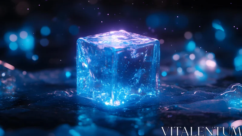 Glowing Ice Cube in Futuristic Neon Style with Abstract Lighting.