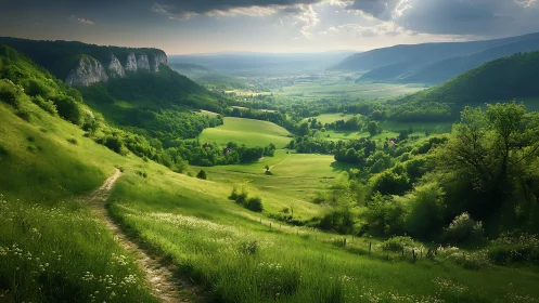 Photorealistic panoramic valley with luminous green hillsides.