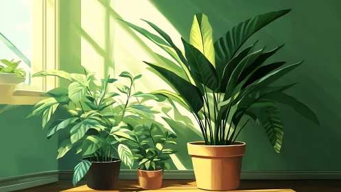 Indoor potted plants near sunlit window in green room.