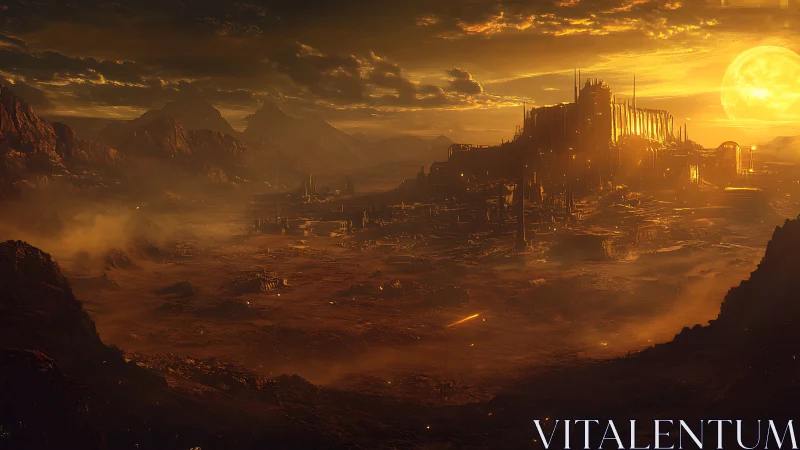 Sunlit alien megacity rises over scorched desert valley.