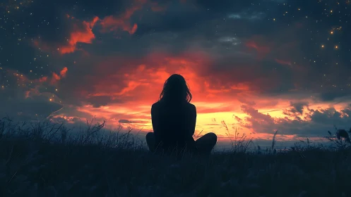 Silhouette watches a blazing cosmic sunset in quiet solitude