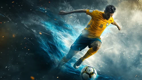 Explosive soccer strike amid swirling blue energy field.