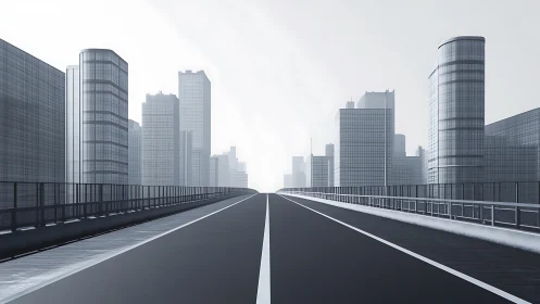 Silent freeway slicing through misty glassbound metropolis.