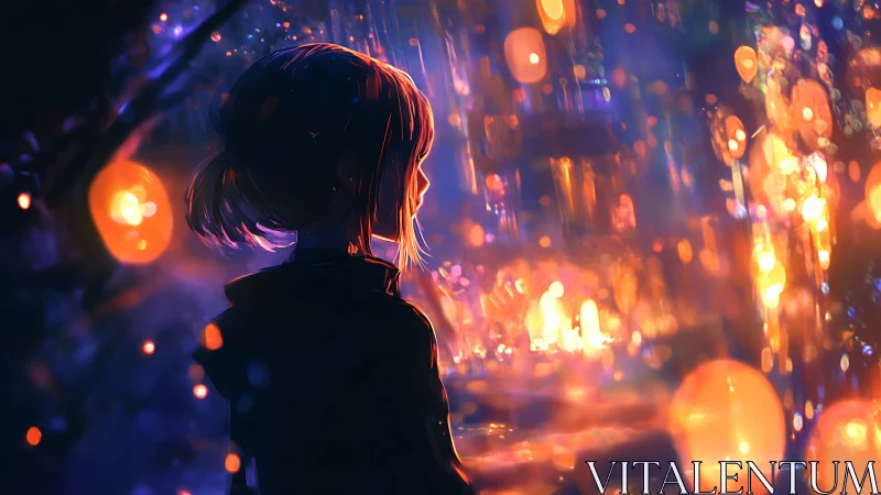 Quiet silhouette pauses in a city of glowing neon lights