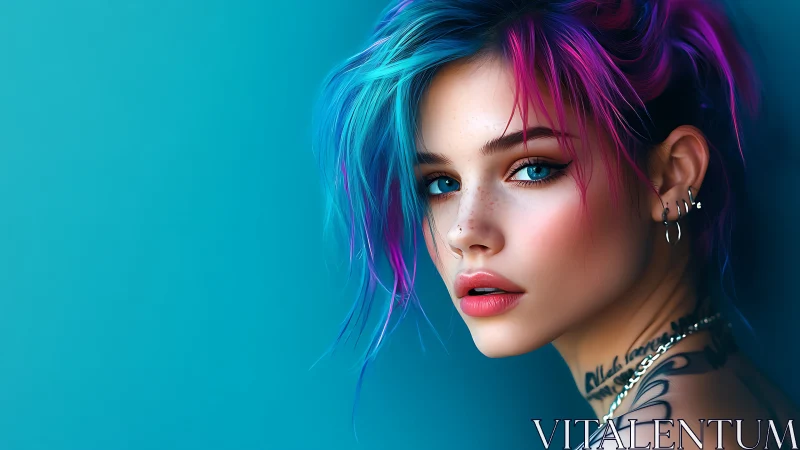 Neon-haired portrait with blue eyes and tattooed neckline.
