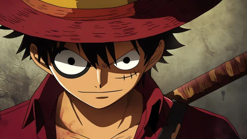 Straw hat anime pirate closeup with intense focused stare.
