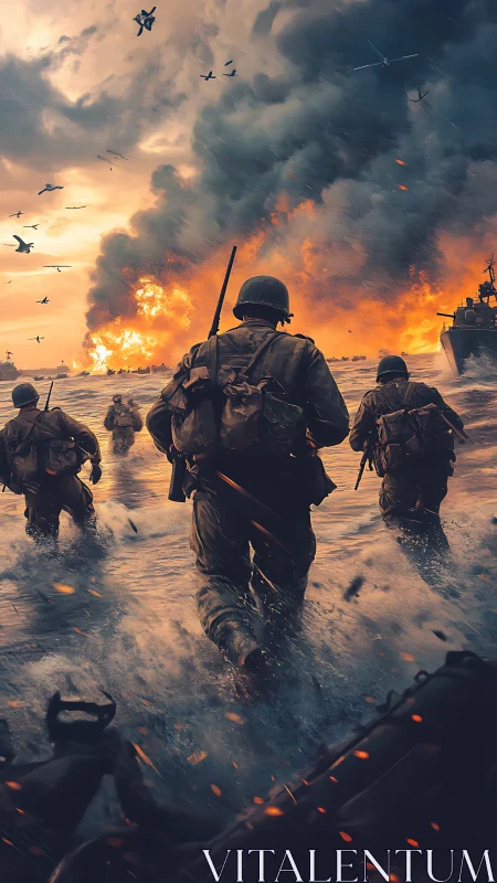 Soldiers advance through surf toward burning shoreline battle