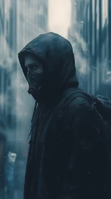 Hooded figure in gas mask walking through misty city street.