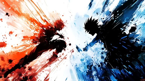 Opposing red and blue anime warriors in kinetic splatter clash