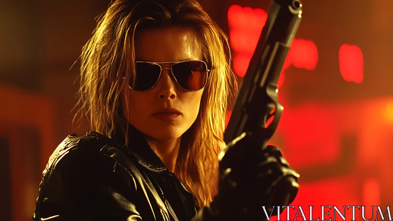 Photorealistic neon vigilante with handgun and cinematic backlight.