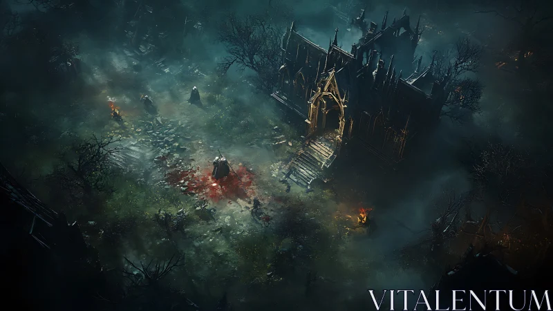 Shadowy cathedral courtyard welcomes brave late‑night wanderers