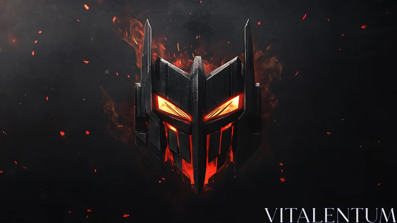Infernal robotic mask emblem with molten core glow.
