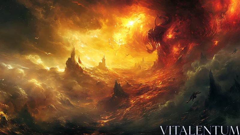 Cataclysmic Inferno Landscape: Multi-tower Apocalyptic Sky Eruption