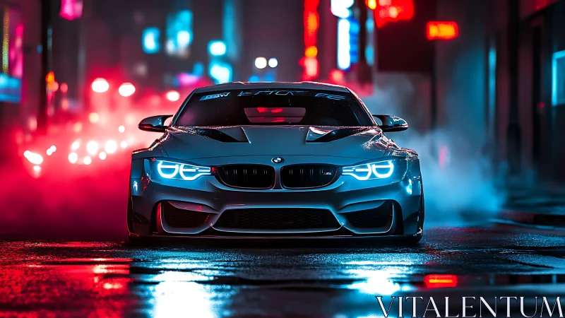 Neon street predator sedan slicing through electric fog.