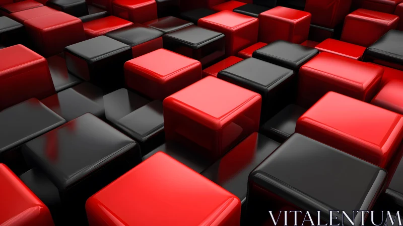 Red and black glossy cubes create a dynamic 3D modular grid