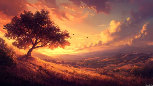 Solitary hillside tree overlooks sunlit rolling valley at dusk