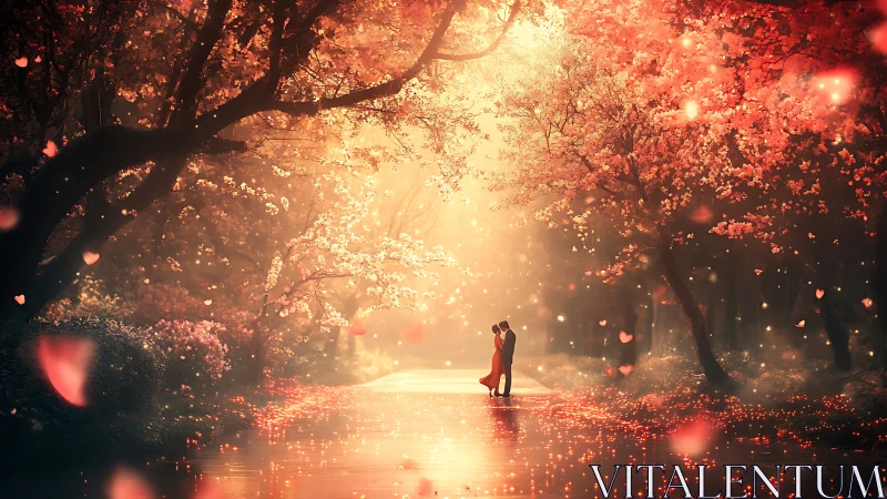 Romantic embrace beneath luminous autumn canopy.