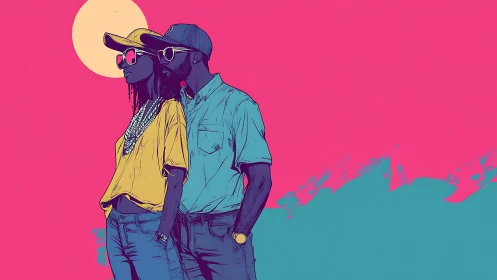 Cool couple shares a bold sunset moment in neon color harmony