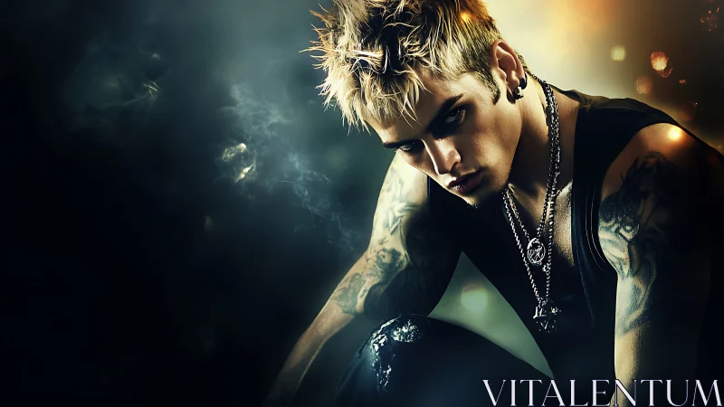 Neon-lit tattooed figure in high-contrast digital chiaroscuro.