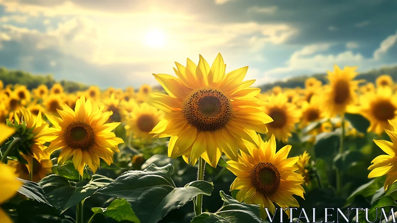 Sunlit sunflower field under dramatic late-summer sky.