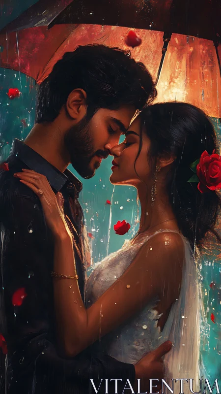 Romantic embrace beneath falling petals and golden light.