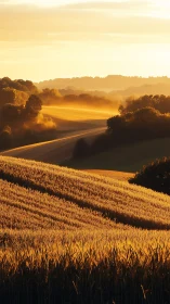 Golden sunrise light streams across layered rural fields