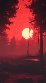 Crimson forest swing silhouetted against oversize setting sun.
